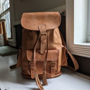 Natural tan leather drawstring backpack